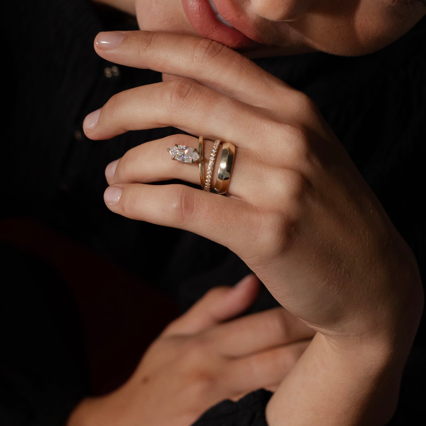 The Emerie Ring - Marquise Double Band Solitaire
