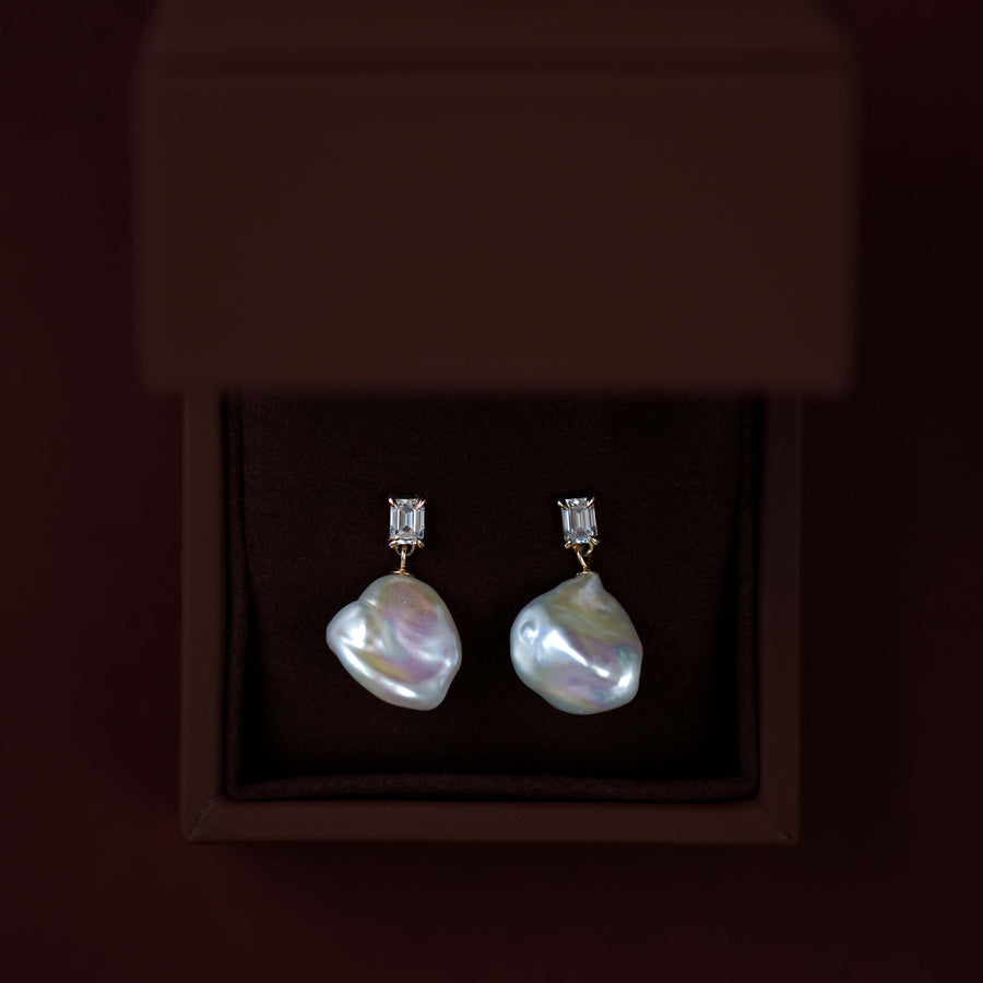 The Angelina Earrings - 0.6CTTW Keshi Pearl Lab Diamond Emerald Drop Earrings