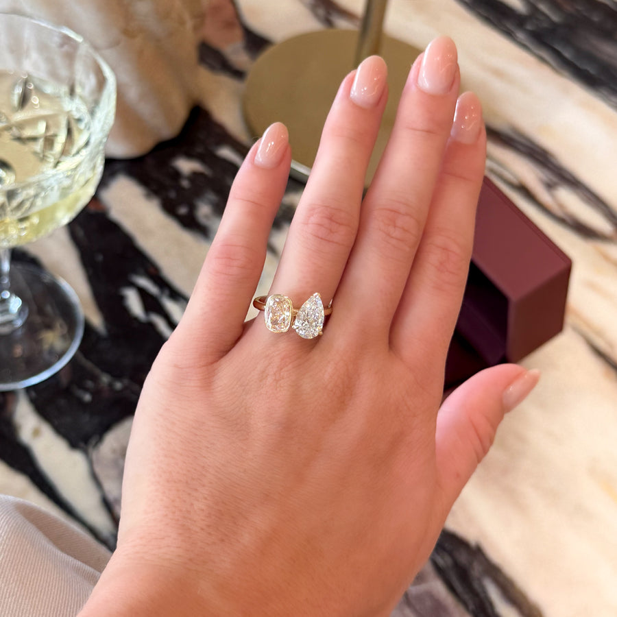 The Amaya Ring -  1.52ct Elongated Cushion Bezel and 2.02ct Pear Toi et Moi