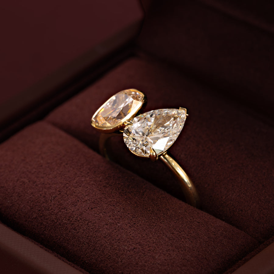 The Amaya Ring -  1.52ct Elongated Cushion Bezel and 2.02ct Pear Toi et Moi