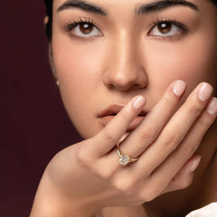 The Ambra Ring - Elongated Cushion Split Shank Milgrain Solitaire