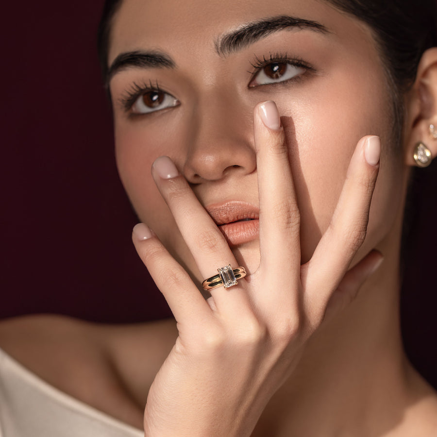 The Adele Ring - Low Set Emerald Double Band Solitaire
