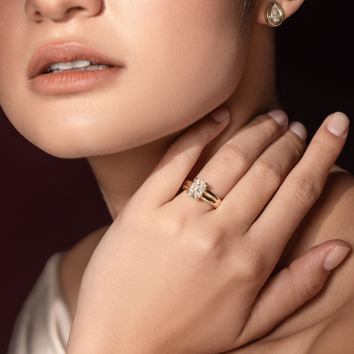 The Adele Ring - Low Set Elongated Cushion Double Band Solitaire