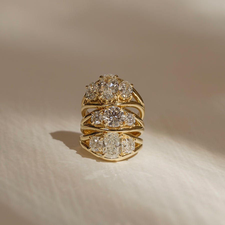 The Oriana Ring - Split Shank Elongated Cushion and Cushion Trilogy