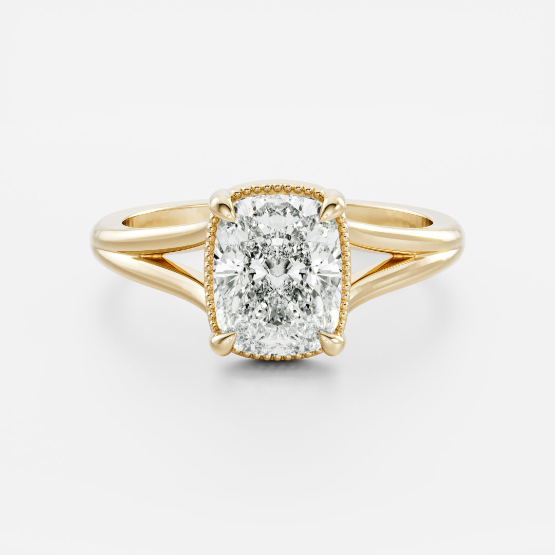 The Ambra Ring - Elongated Cushion Split Shank Milgrain Solitaire