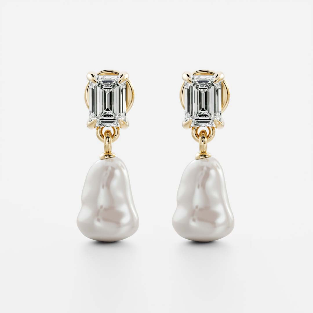 The Angelina Earrings - 0.6CTTW Keshi Pearl Lab Diamond Emerald Drop Earrings
