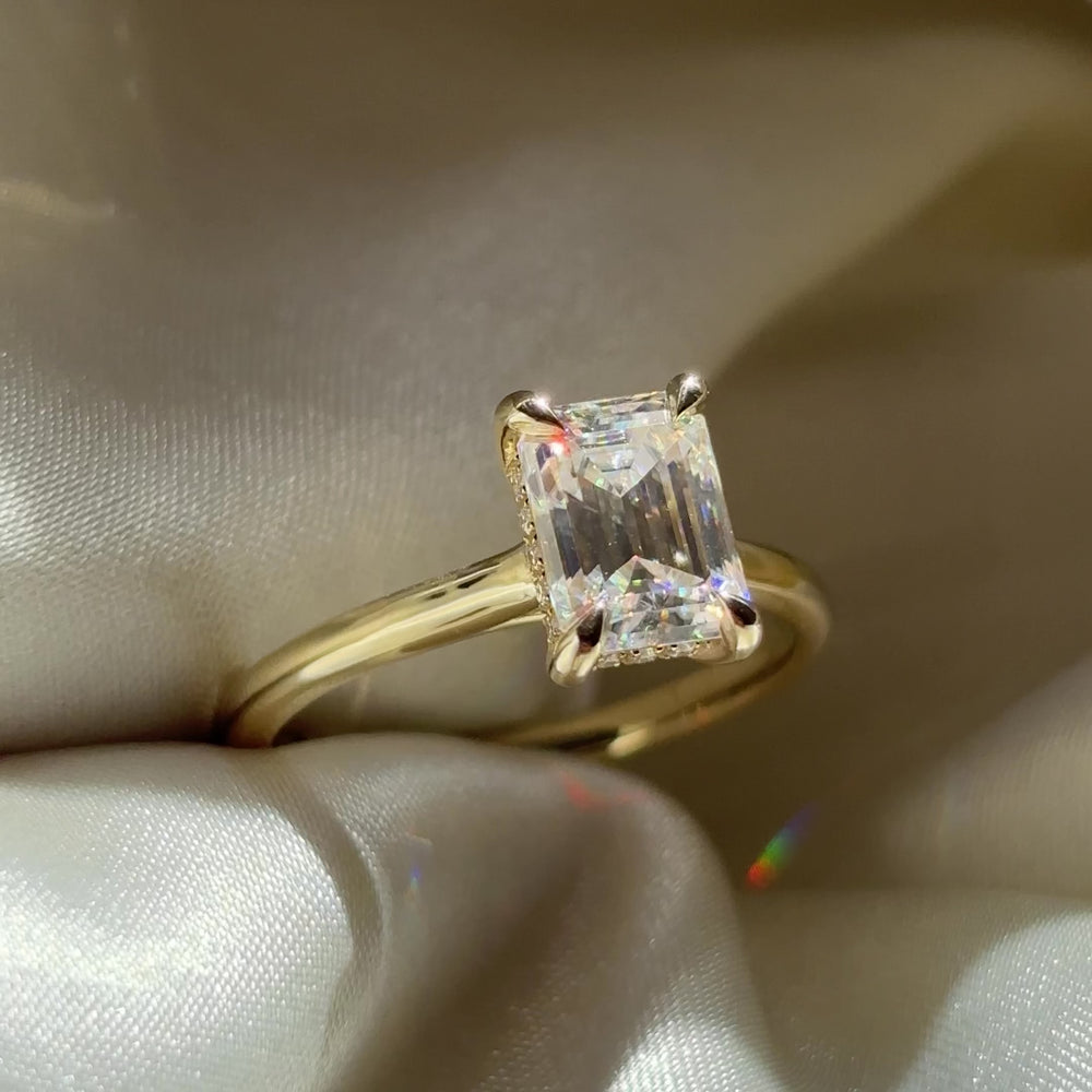 The Audrey Ring - 1.9ct Moissanite Emerald Cathedral Solitaire
