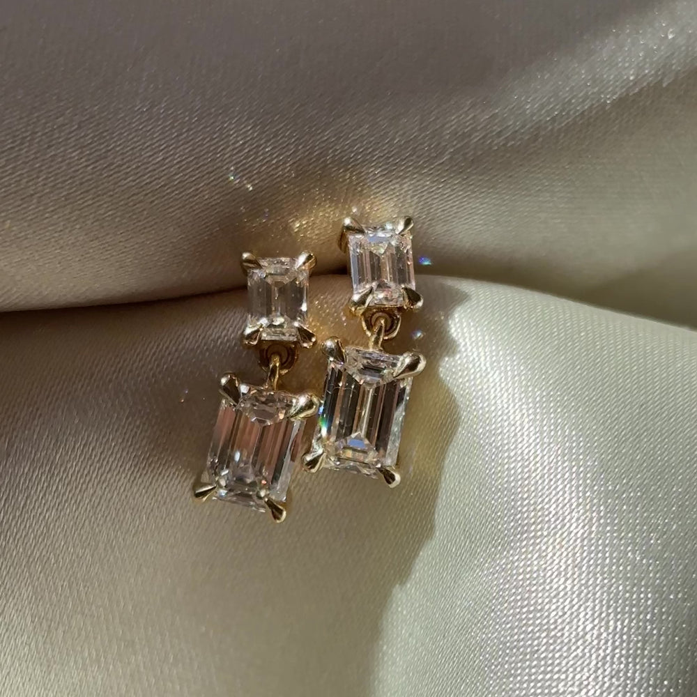 
                      
                        Load and play video in Gallery viewer, The Arietta Earrings - 1.8CTTW Lab Diamond Emerald Double Drop Earrings
                      
                    