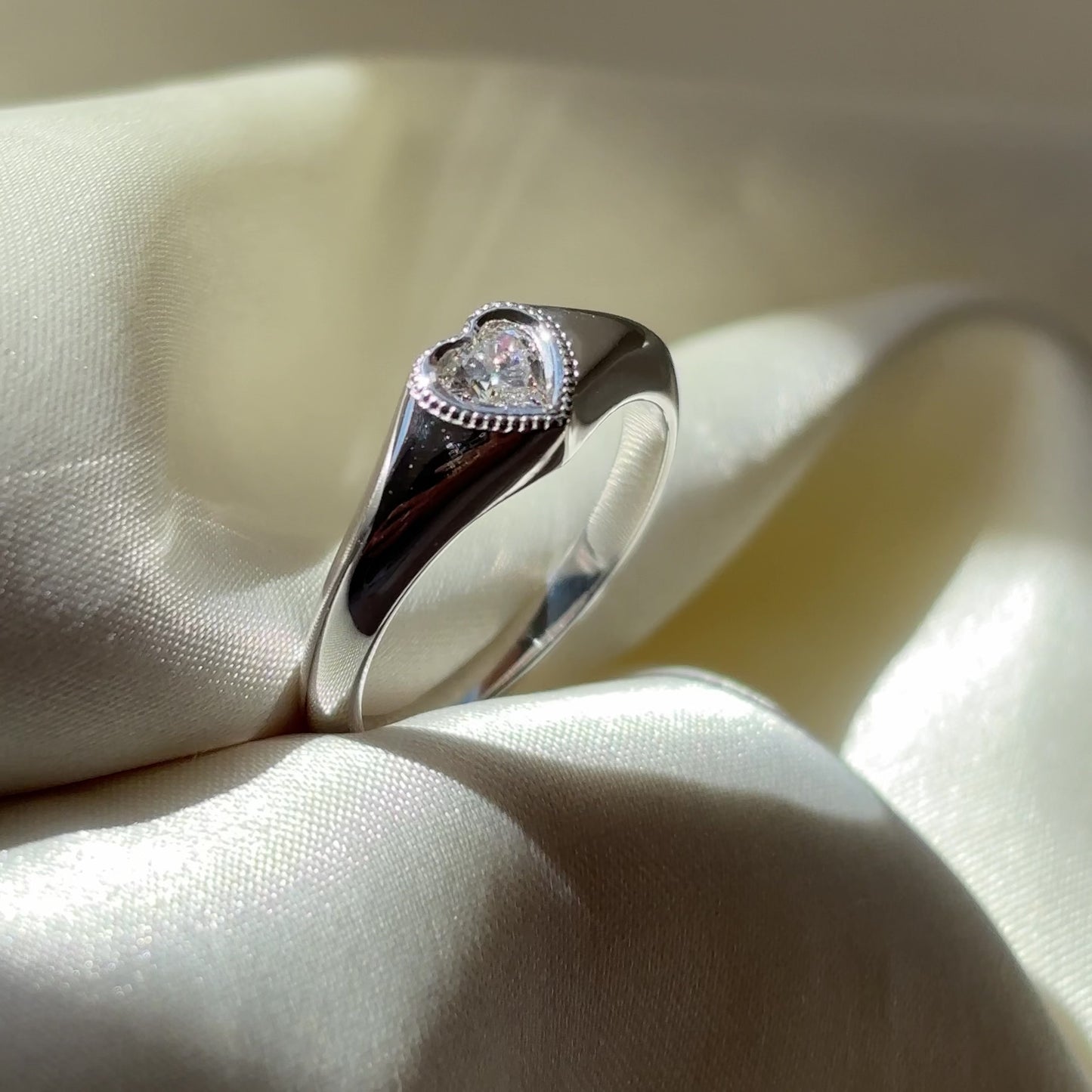The Romy Ring - Signature Heart Milgrain Signet - 9K White Gold