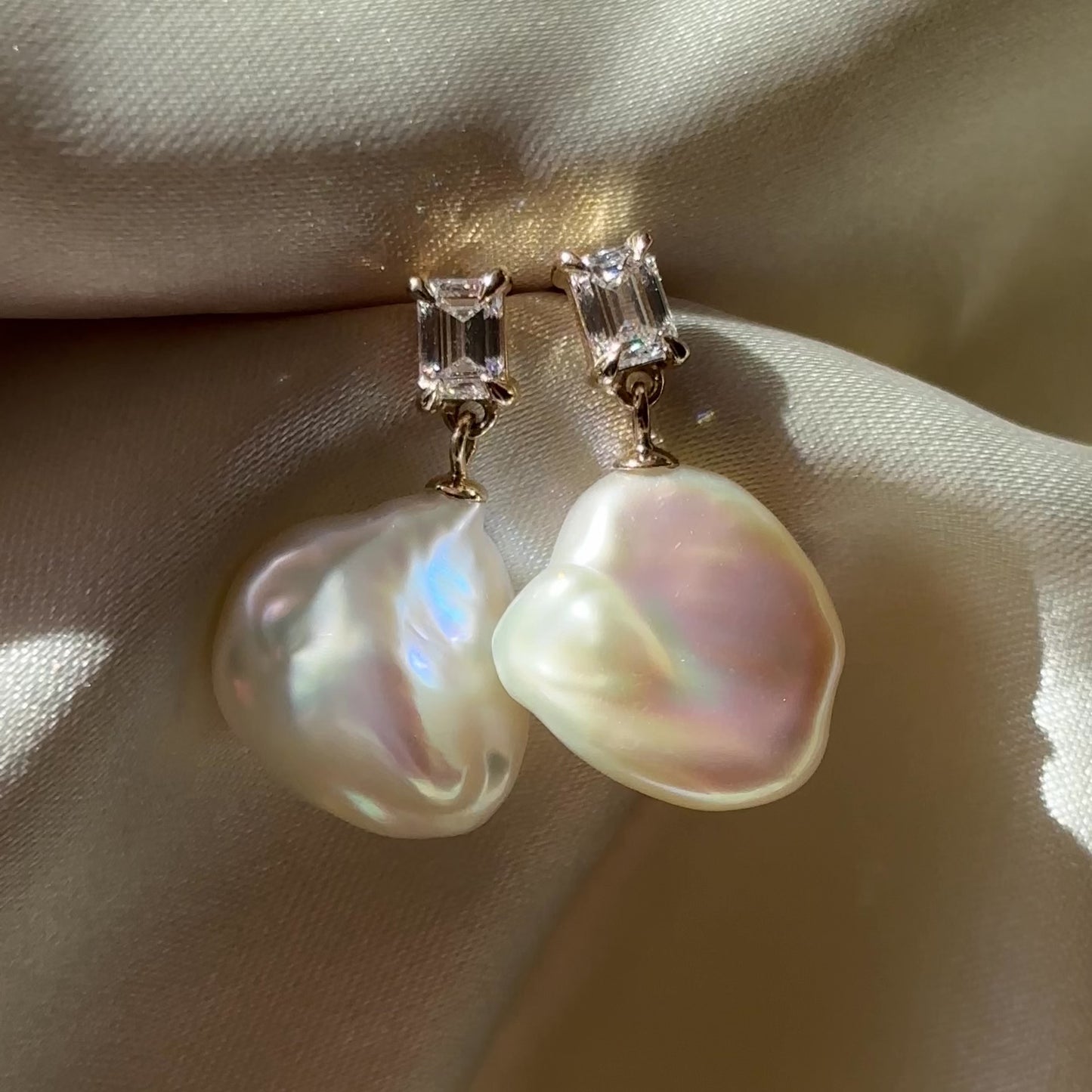 The Angelina Earrings - 0.6CTTW Keshi Pearl Lab Diamond Emerald Drop Earrings