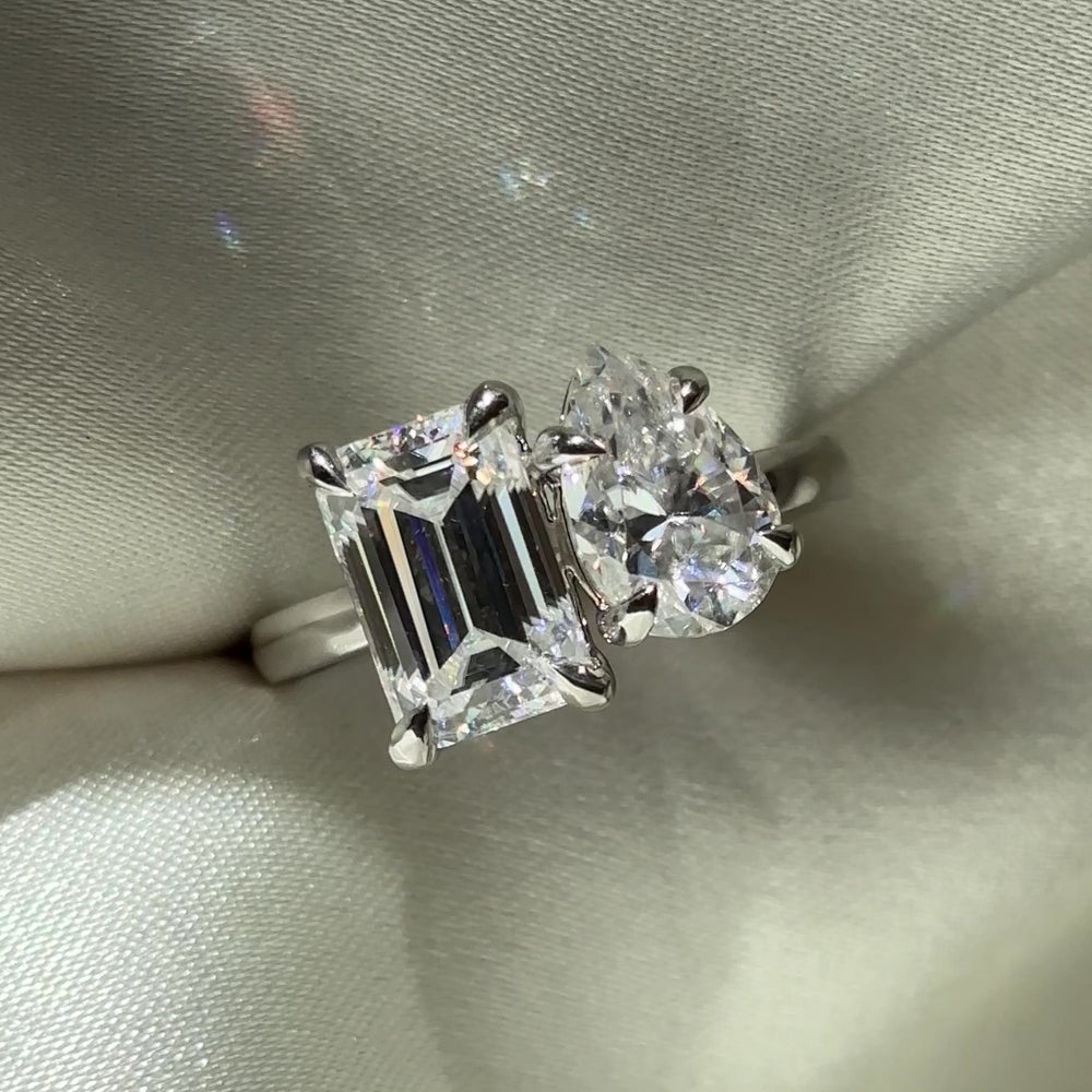 Toi Et Moi Ring - 1.5ct Pear and  2.8ct Emerald Moissanite