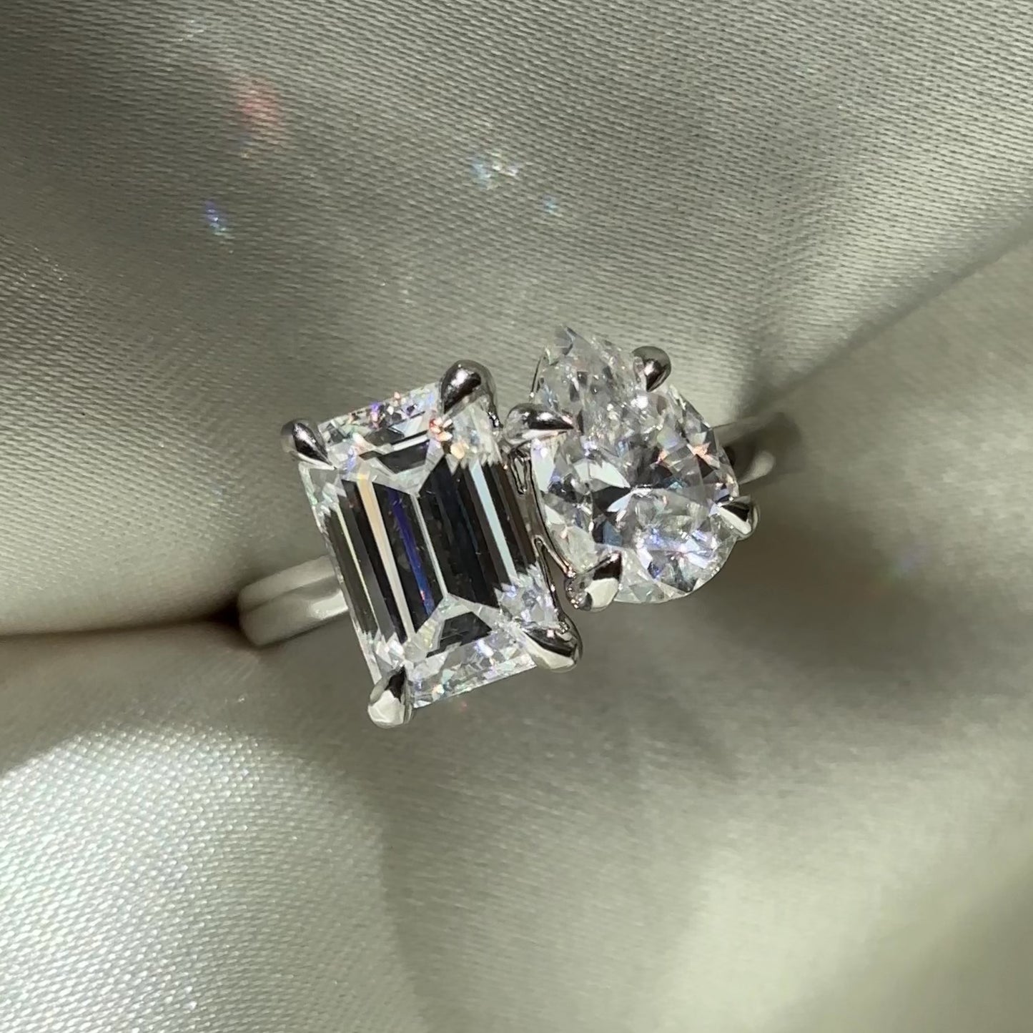 Toi Et Moi Ring - 1.5ct Pear and  2.8ct Emerald Moissanite